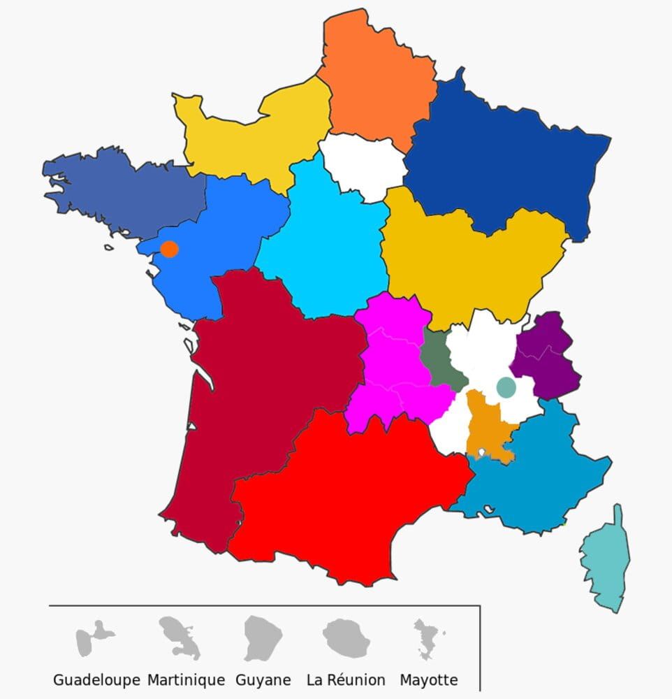 Carte des réseaux Echosciences dans toute la France, réseau national de partage du savoir